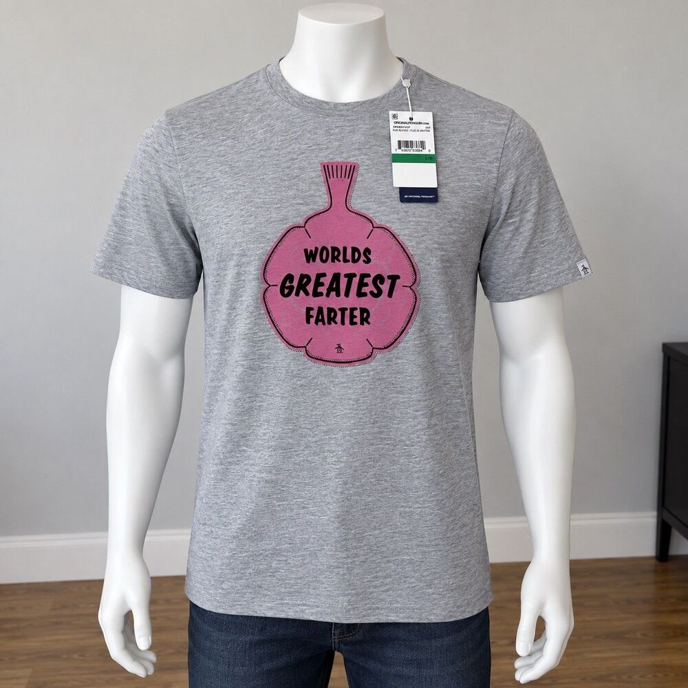 An Original Penguin "Worlds Greatest Farter" Novelty Gray Graphic T Shirt Size L